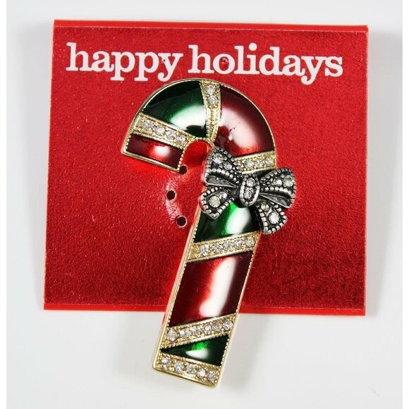 Christmas Happy Holidays Candy Cane Pin Enamel & Crystals - Picture 1 of 3